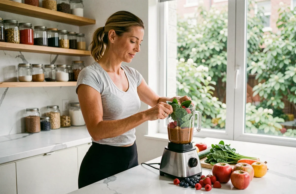Femme préparant un smoothie aux légumes verts et fruits rouges dans une cuisine moderne pour prendre soin de sa santé au quotidien