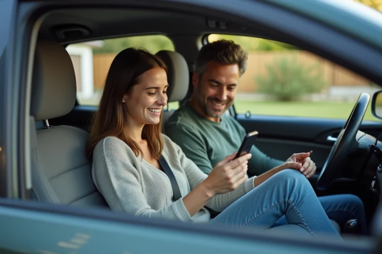 Jeune femme souriante montrant son smartphone dans la voiture