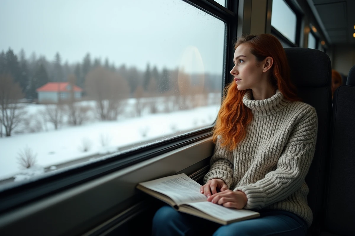 Jeune femme dans un train regardant la campagne hivernale