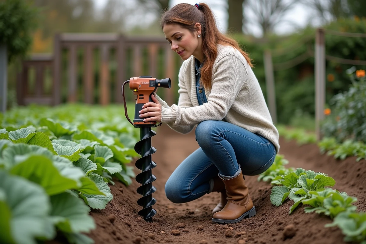Femme utilisant un tarière thermique dans un jardin potager