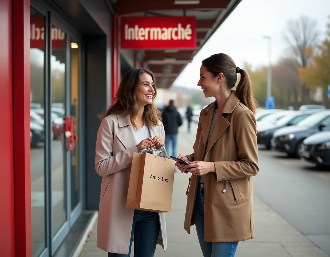 Deux femmes discutant de la qualité des vêtements Armor Lux achetés à l'Intermarché devant l'entrée du magasin