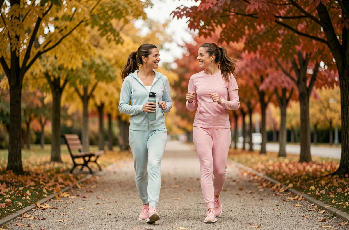 Deux femmes marchant ensemble dans un parc en automne pour illustrer les bienfaits de l'activité physique régulière sur la santé