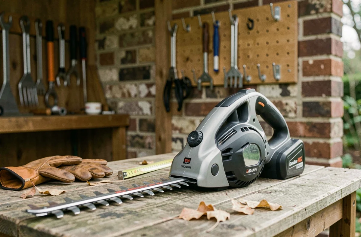 Gros plan sur un taille-haie sans fil posé sur un établi en bois dans un atelier de jardin