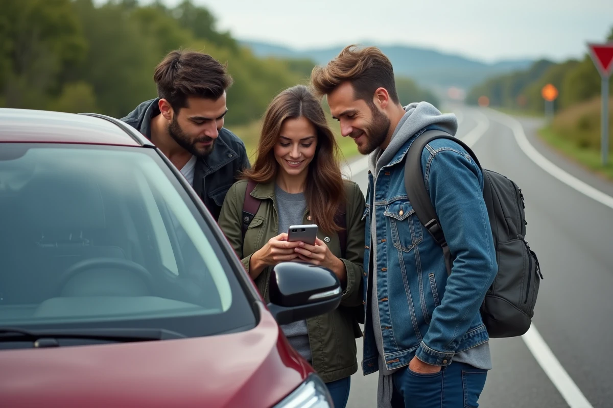 Trois adultes regardant une carte sur un smartphone près d