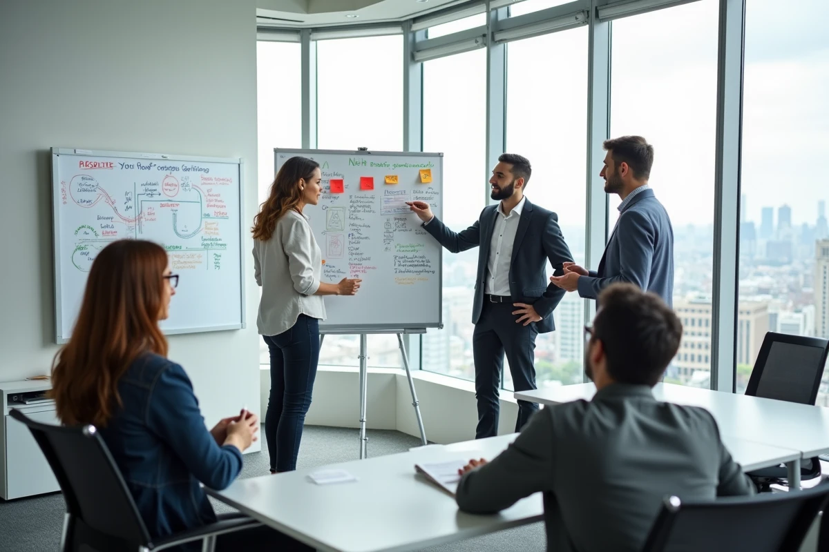 Groupe de professionnels participant à un atelier de formation innovant autour d'un tableau blanc en salle de conférence