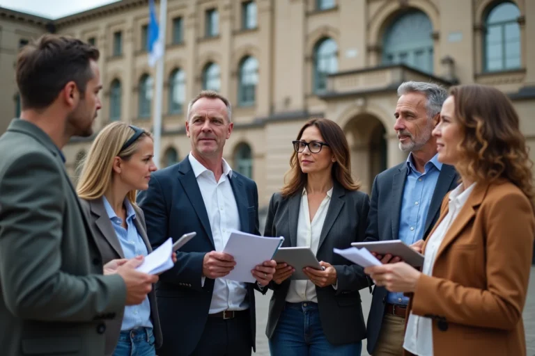 Groupe de citoyens devant un bâtiment historique en extérieur