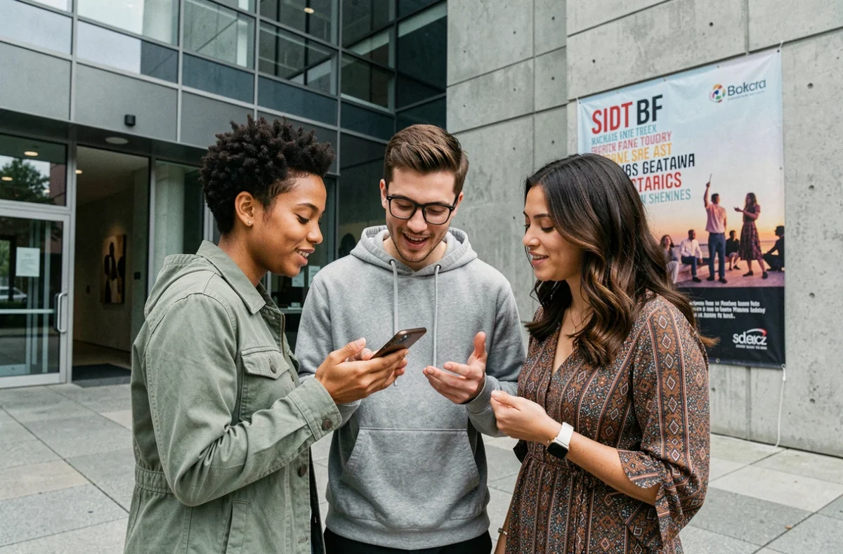 Groupe de jeunes adultes devant une salle de spectacle consultant des événements culturels sur smartphone, représentant l'actualité culturelle et médiatique à ne pas manquer