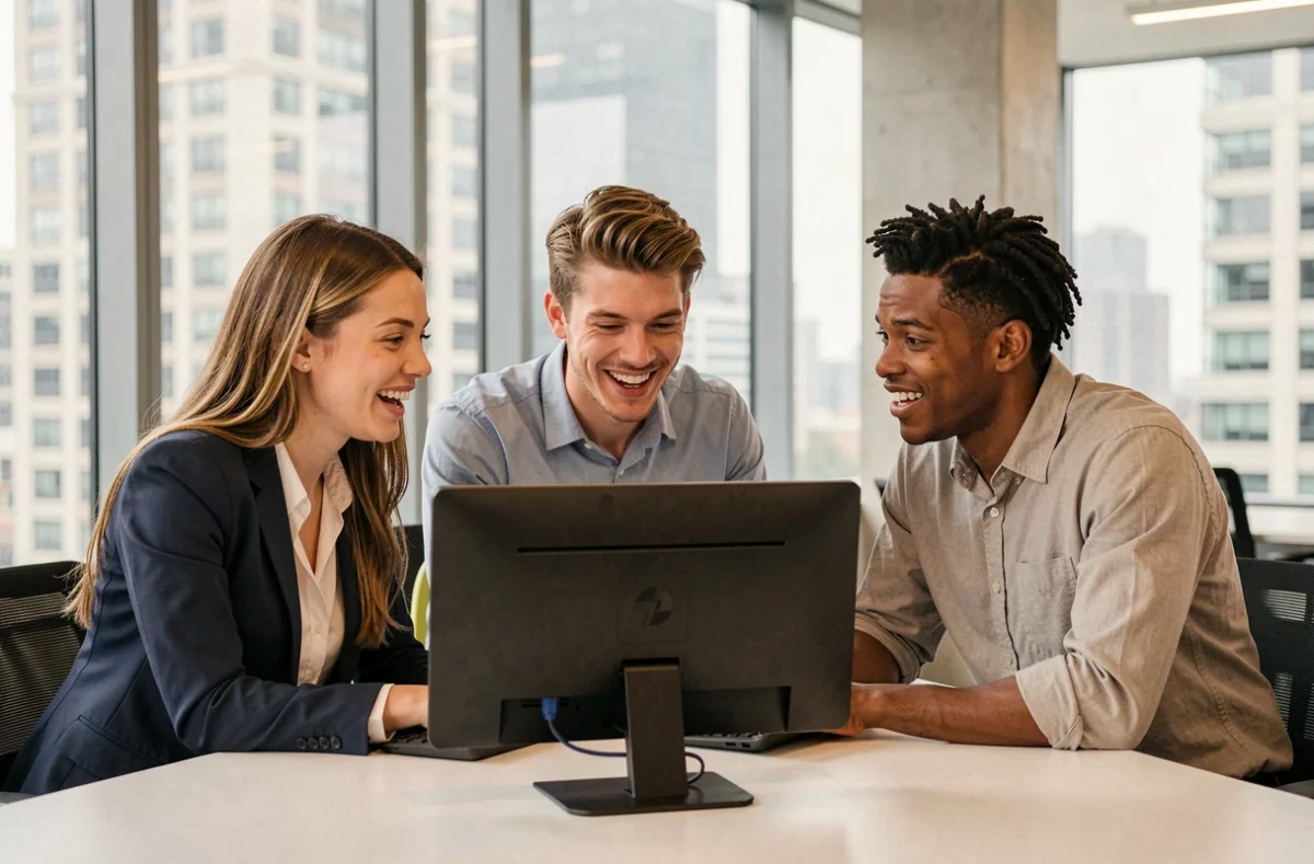 Groupe de jeunes professionnels explorant ensemble des opportunités de carrière en ligne au bureau