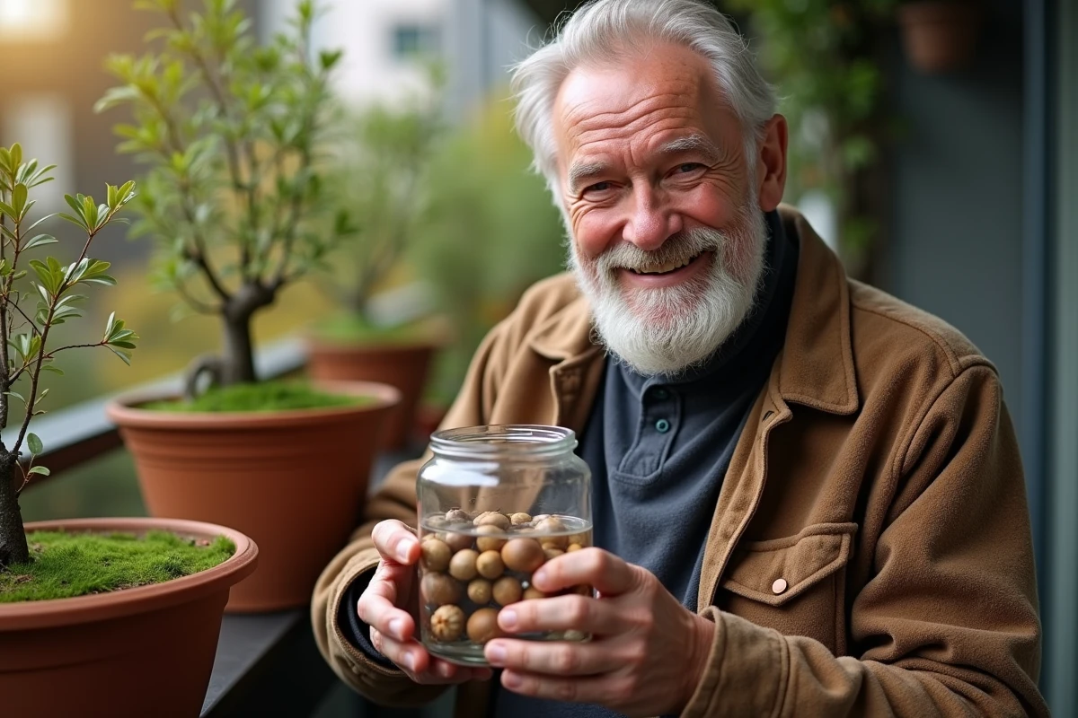 Homme âgé examinant un bocal d