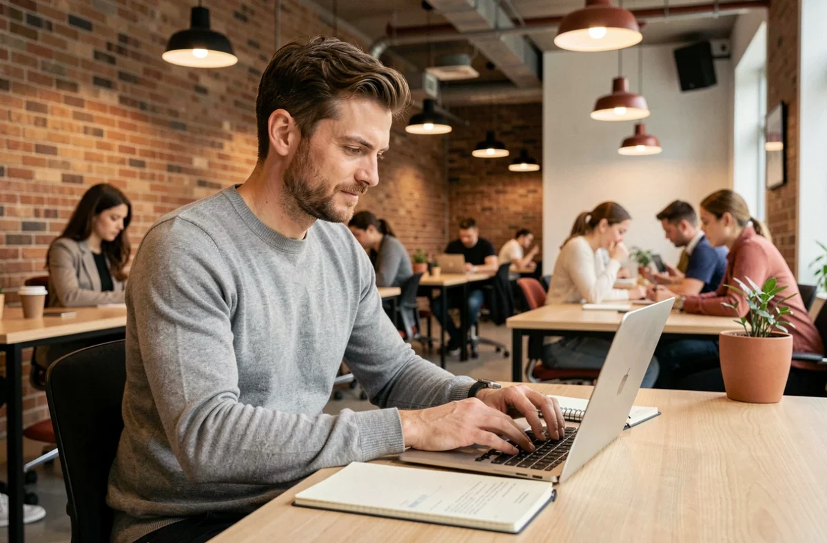 Jeune homme postulant à des offres d'emploi en ligne dans un espace de coworking moderne