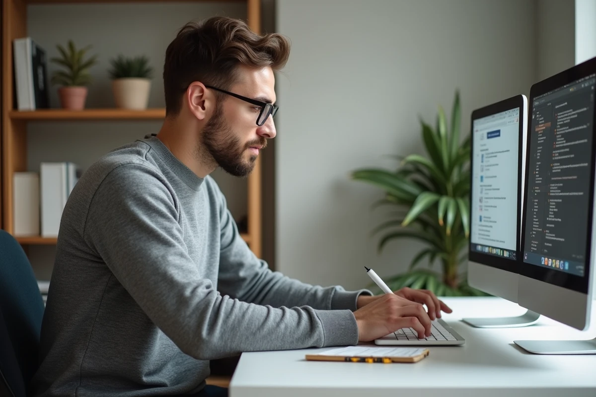Homme concentré prenant des notes lors d'une formation professionnelle en ligne depuis son bureau à domicile