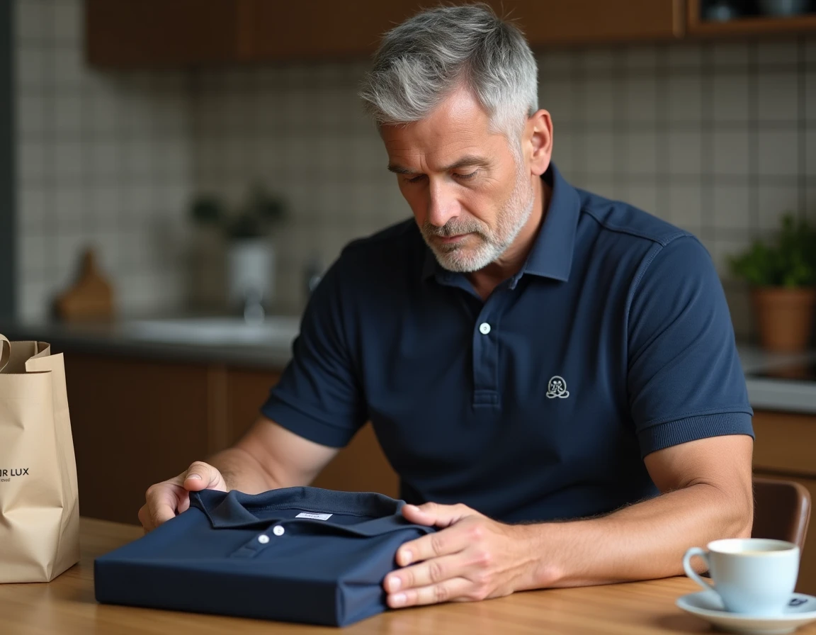 Homme inspectant de près un polo Armor Lux acheté à l'Intermarché, examinant la qualité des coutures à domicile