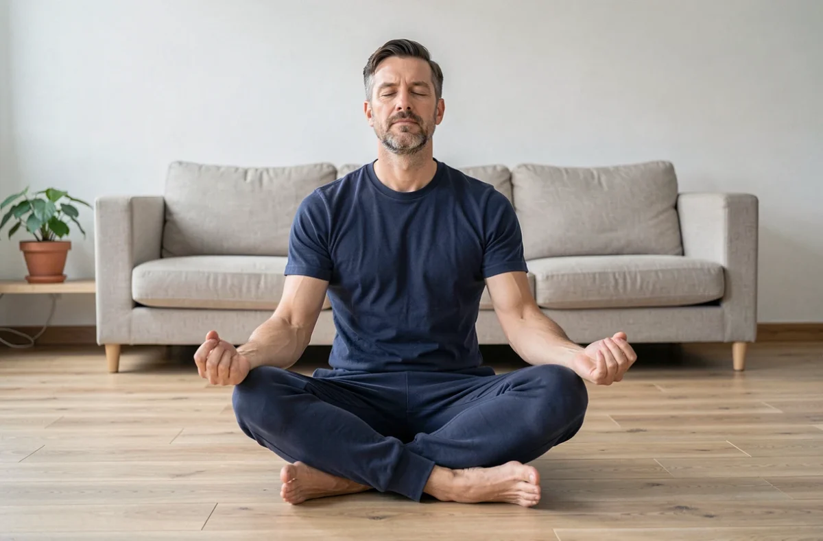 Homme pratiquant la méditation matinale dans un salon minimaliste dans le cadre d'une routine santé quotidienne