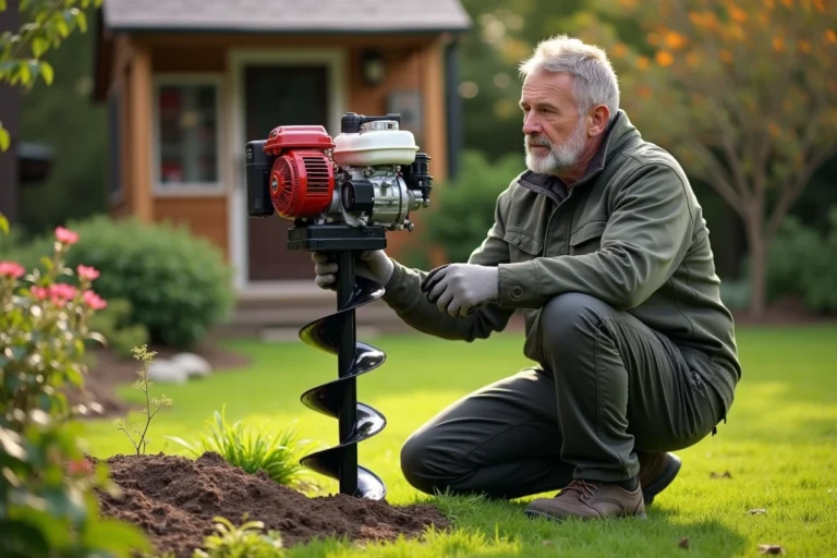 Homme en vêtements outdoor examine un outil à gaz dans un jardin