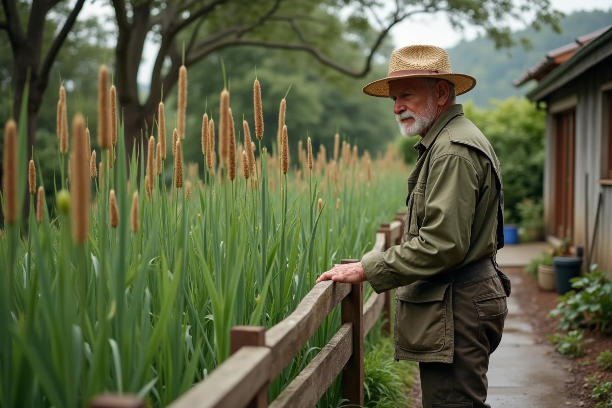 Homme inspectant les prêles du Japon le long de la clôture