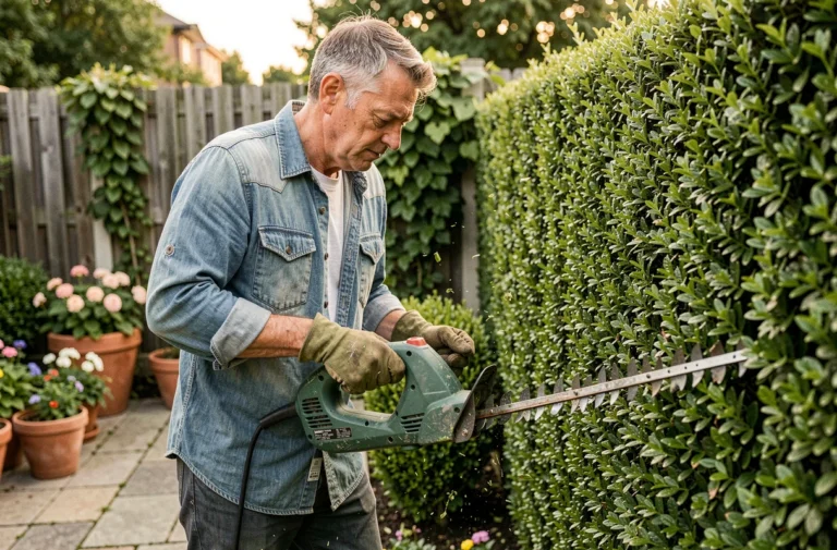Homme utilisant un taille-haie électrique pour tailler une haie de buis dans un jardin entretenu