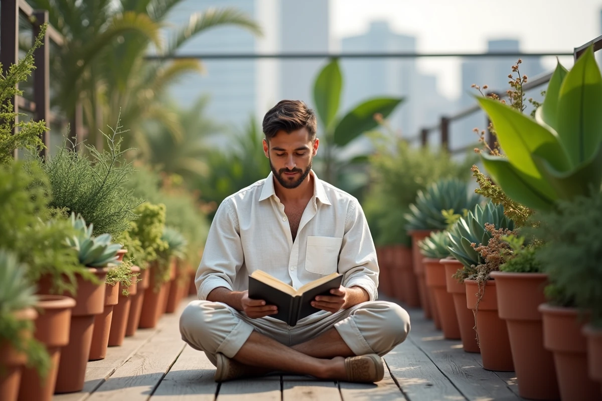 Homme se relaxant sur une terrasse de jardin urbain entouré de plantes en pot et de verdure luxuriante