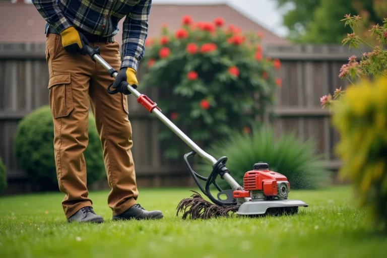 Homme d'âge moyen utilisant une débroussailleuse dans un jardin résidentiel