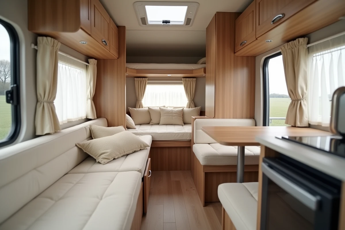 Intérieur confortable d'une caravane deux places avec lit fixe double et coin cuisine compact