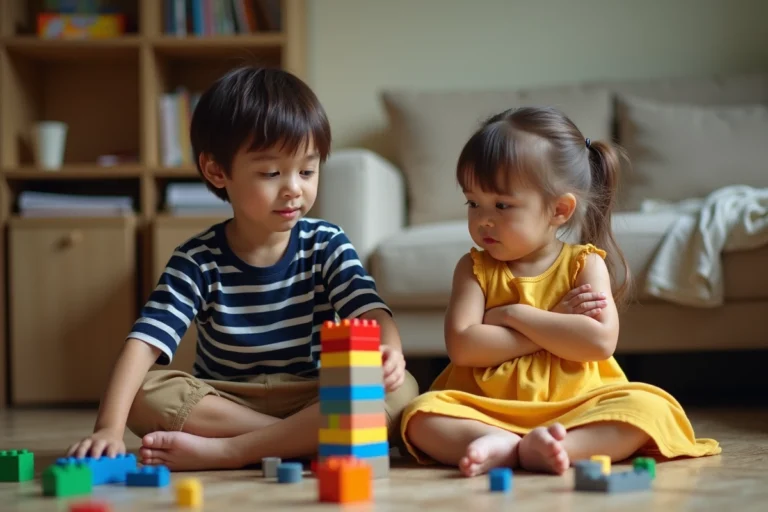 Deux jeunes frères et sœurs assis sur le plancher d'un salon, la cadette regardant avec envie son frère aîné montrer sa construction Lego