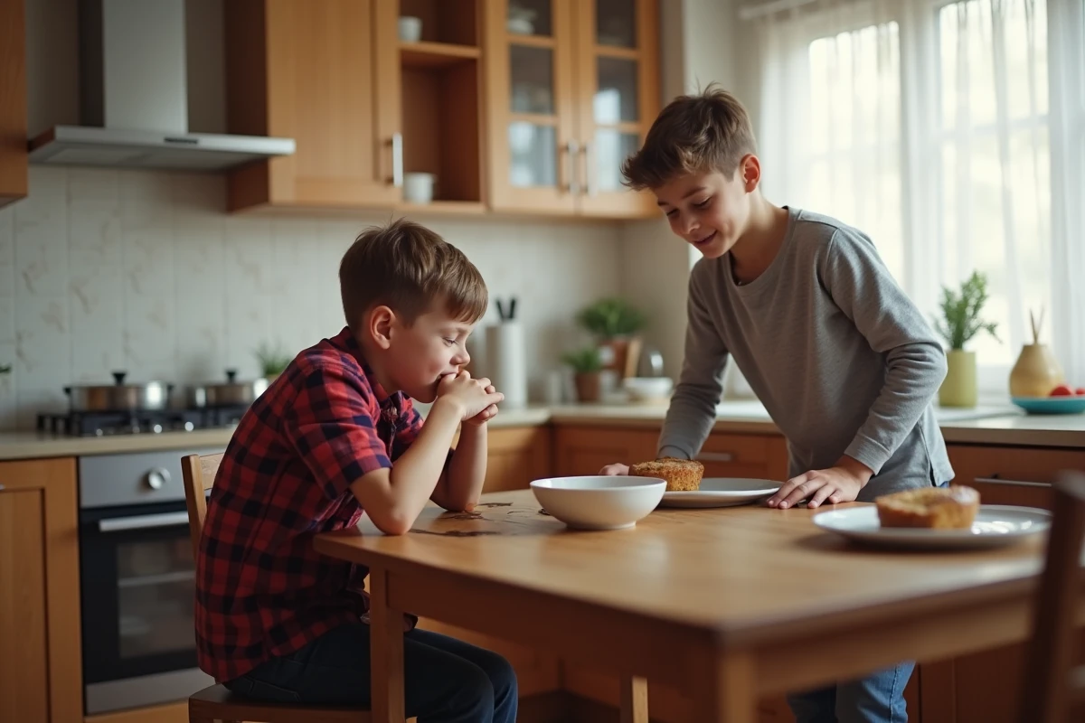 Deux frères dans une cuisine familiale, le cadet assis à l'écart observant son frère aîné félicité par un parent lors de la préparation du repas