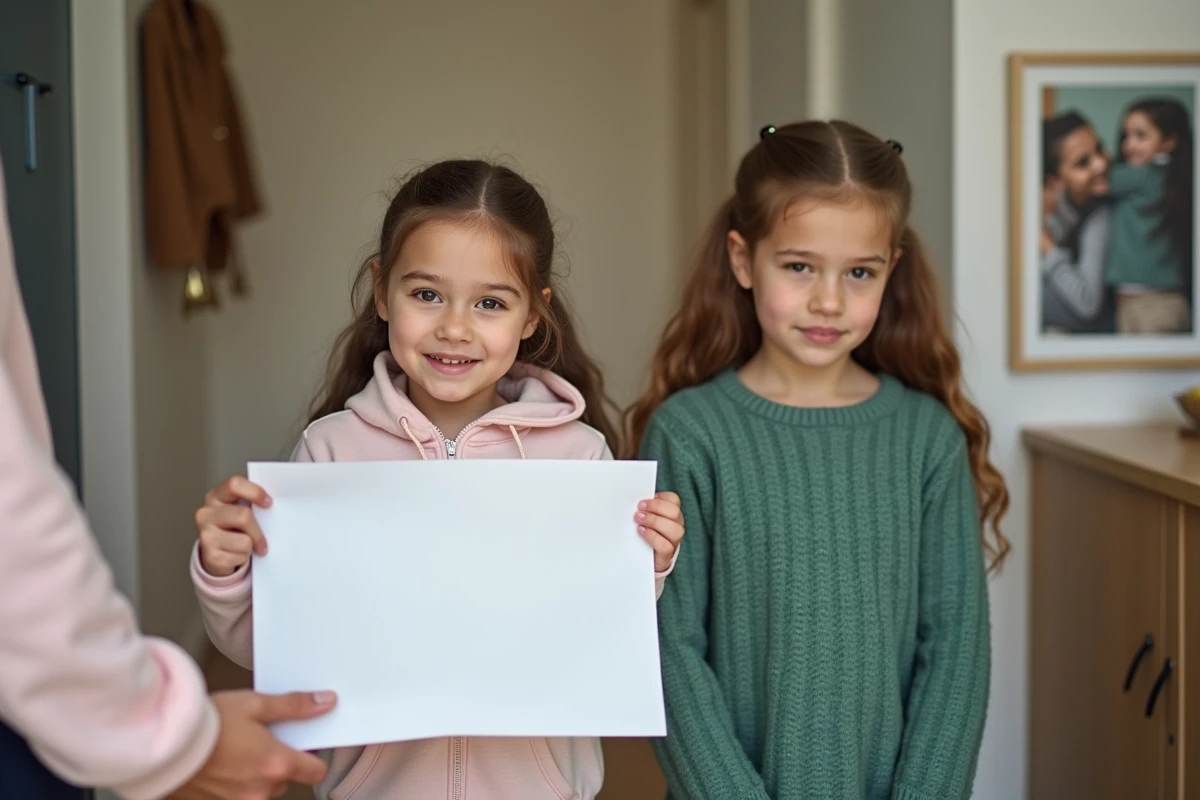 Deux sœurs dans un couloir familial, la cadette observant avec mélancolie sa sœur aînée recevoir un certificat de réussite scolaire