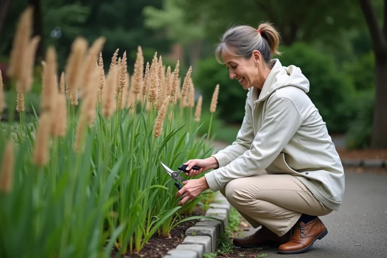 Femme jardinant avec sécateur près des prêles du Japon