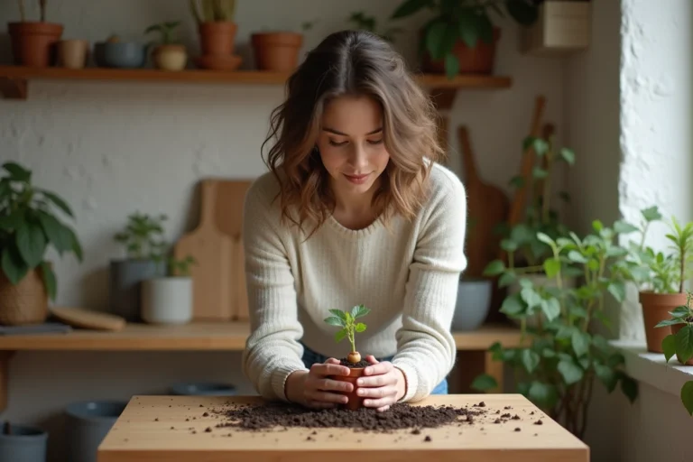 Jeune femme plantant une noisette dans un pot à la maison
