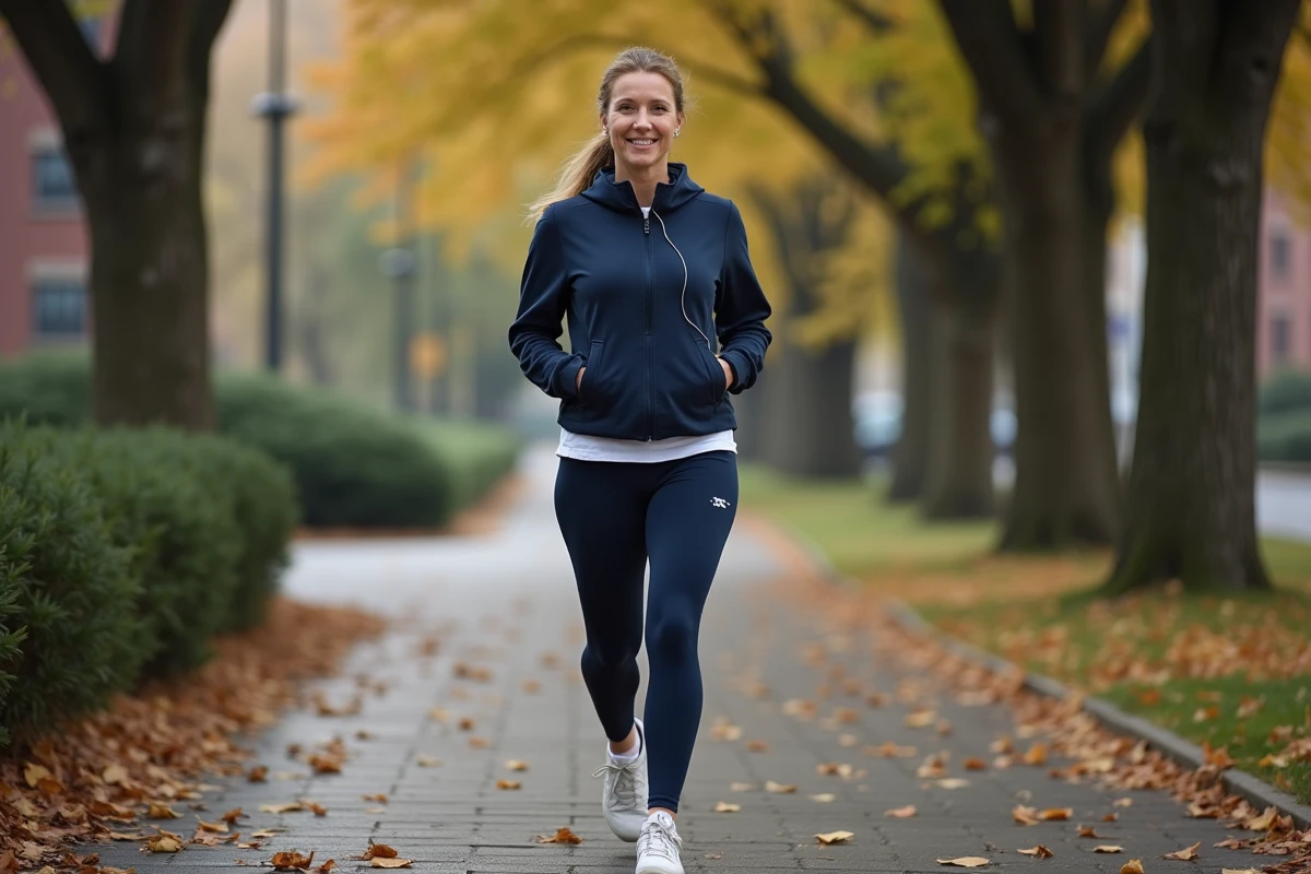 Femme marchant dans un parc urbain boisé en tenue de sport pour illustrer une routine bien-être quotidienne en plein air