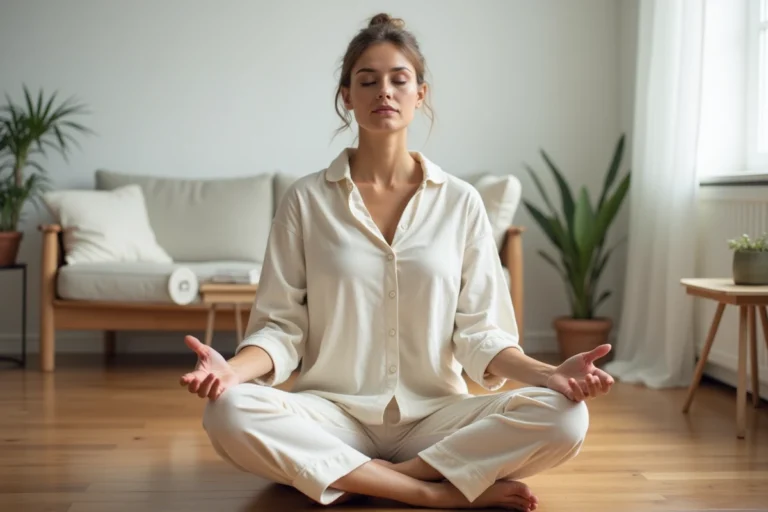 Femme pratiquant la méditation assise sur un parquet en bois dans un salon minimaliste pour améliorer son bien-être quotidien