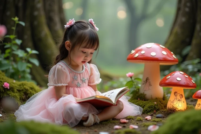 Petite fille en robe rose dans une forêt féerique avec des champignons géants et des lanternes, lisant un livre illustré de fées