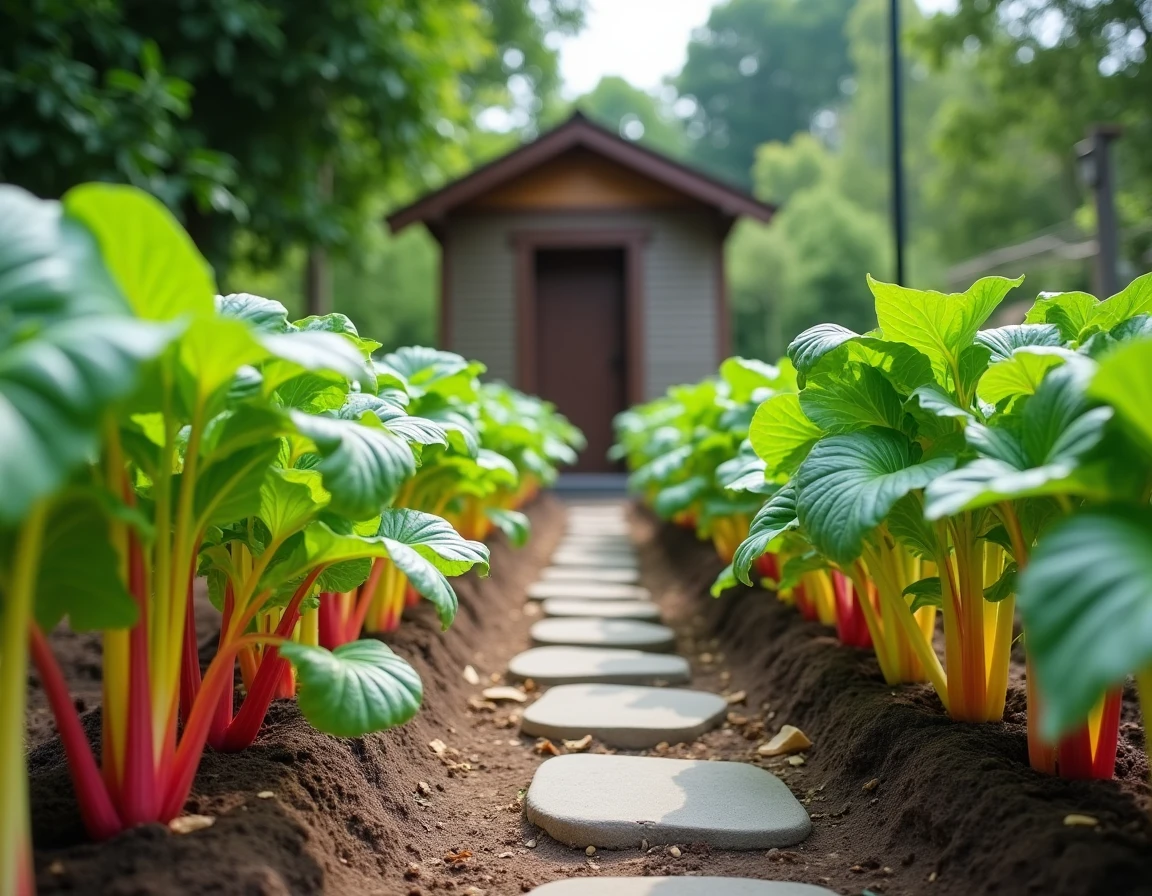 Potager productif en fin d'été avec blettes colorées associées aux tomates et haricots nains