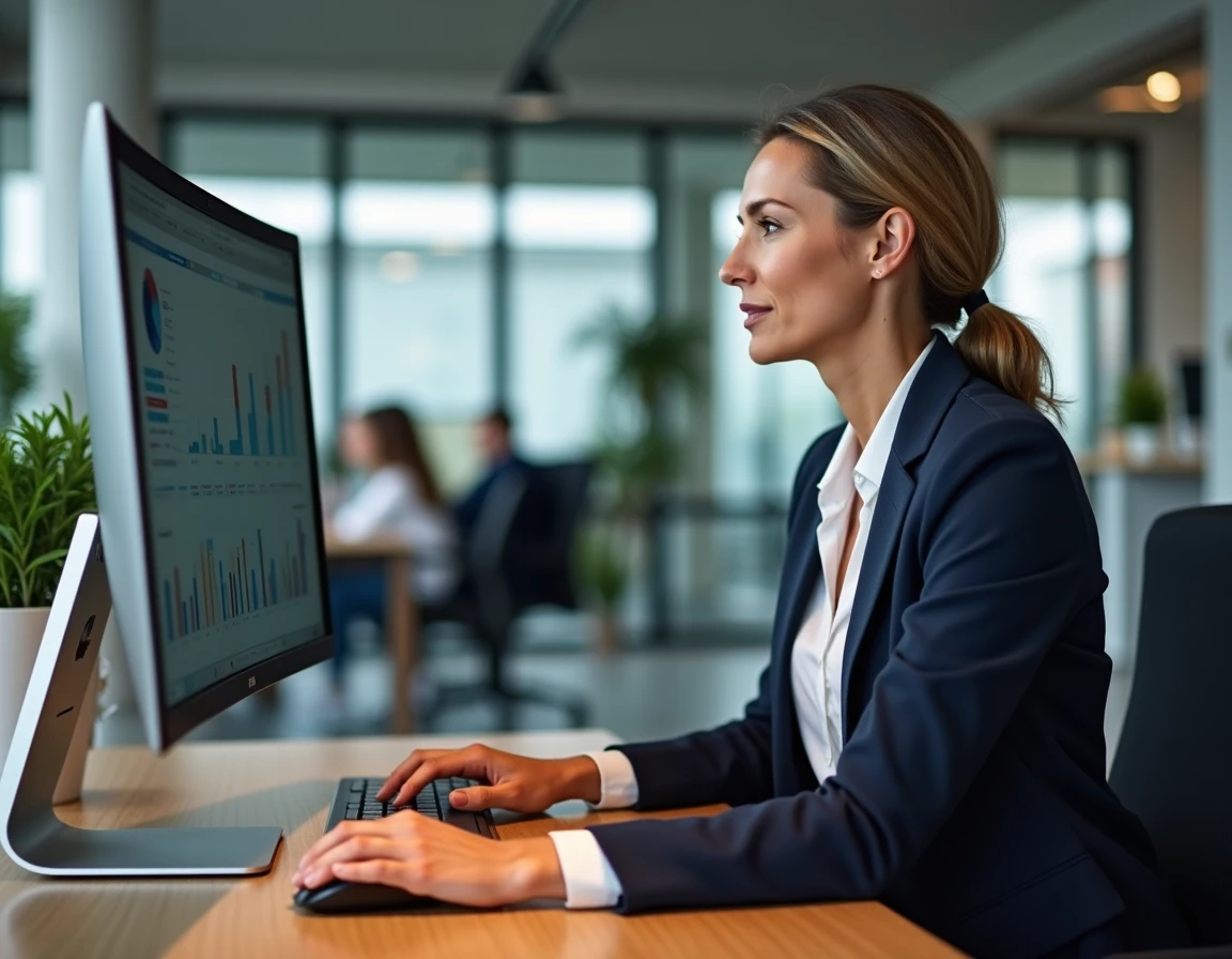 Professionnelle en blazer marine analysant un tableau de bord CRM sur un grand écran dans un bureau moderne