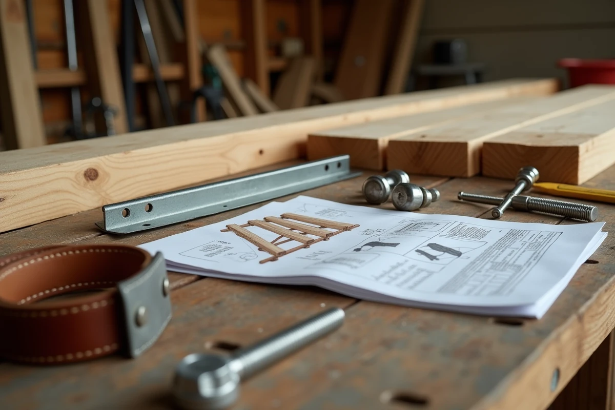 Quincaillerie et pièces en bois pour l'installation d'un abri voiture posées sur un établi de garage