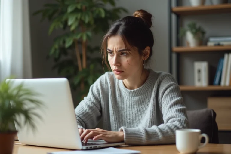Femme récupérant l'accès à son compte en ligne depuis un bureau à domicile, processus de récupération de compte sécurisé