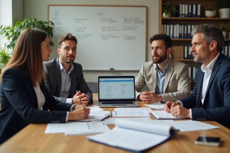 Réunion de membres d'une association française autour d'une table avec des documents officiels relatifs aux statuts d'association