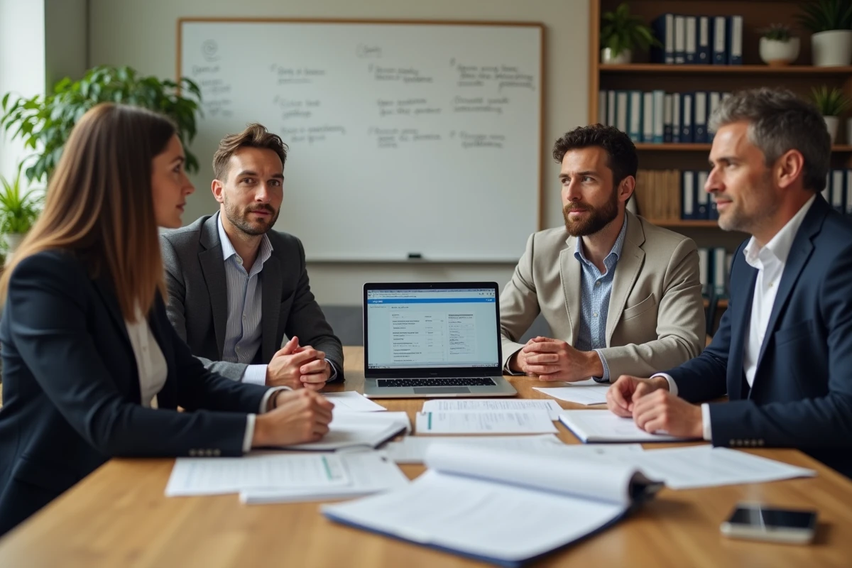 Réunion de membres d'une association française autour d'une table avec des documents officiels relatifs aux statuts d'association