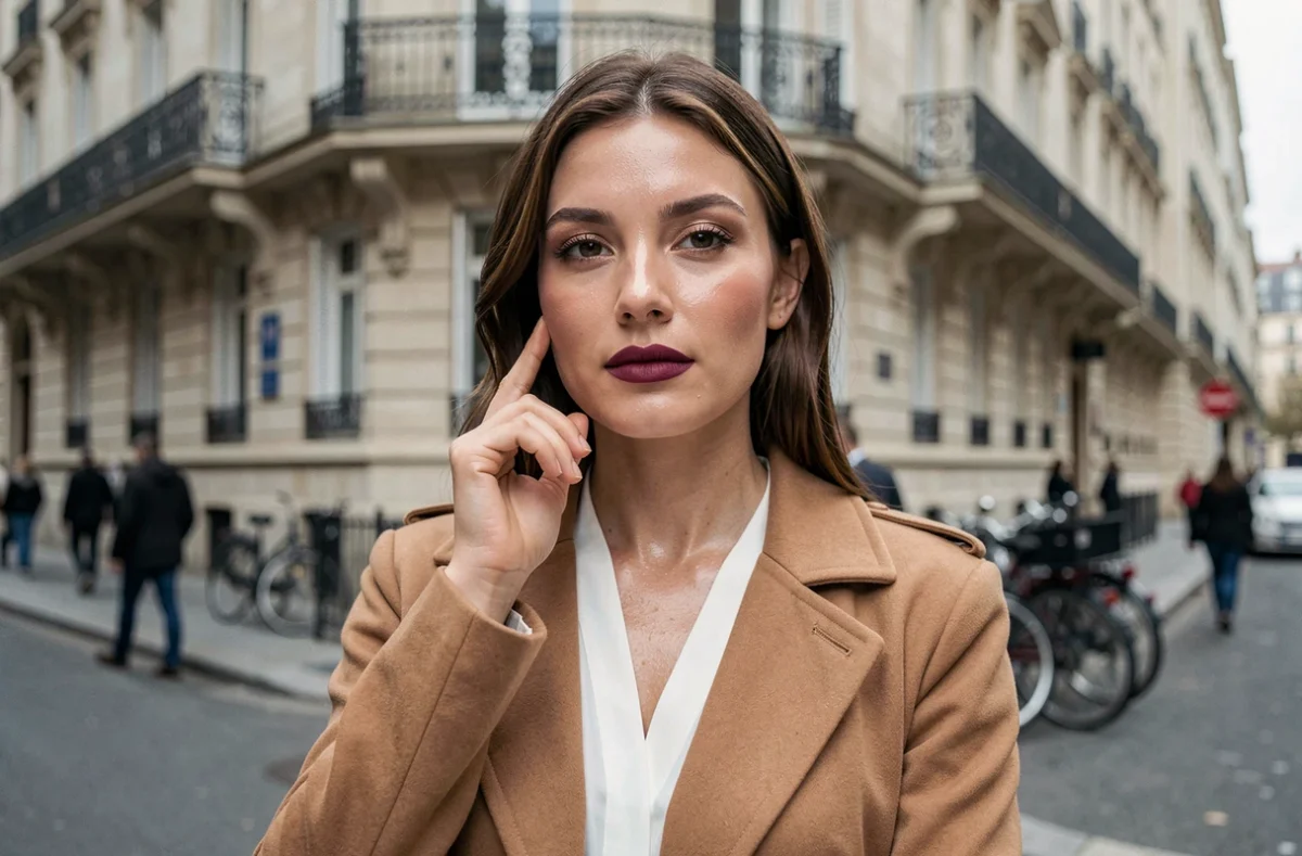 Femme aux cheveux noirs avec une peau lumineuse posant dans une rue parisienne, look beauté tendance automne 2024