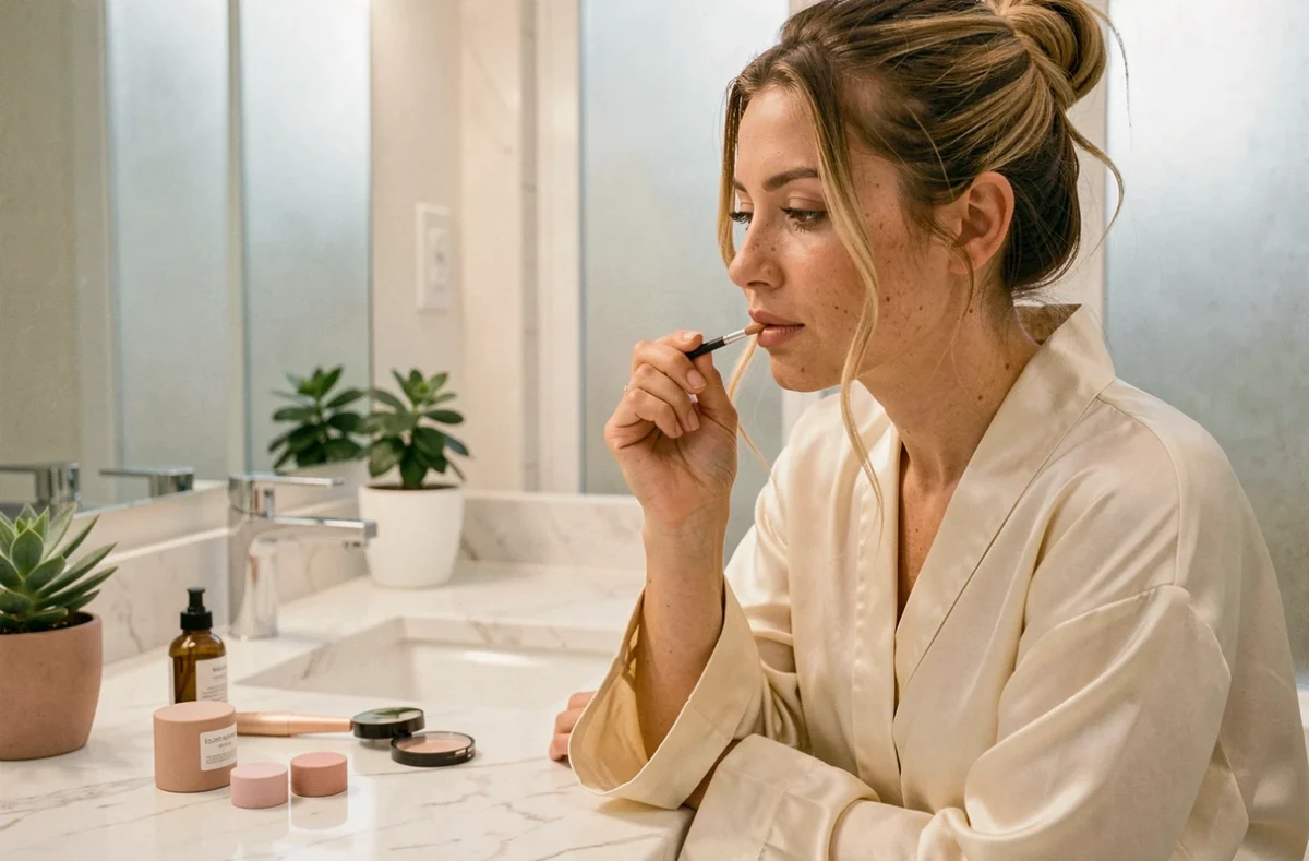 Femme appliquant un rouge à lèvres nude devant un miroir de coiffeuse en marbre blanc, ambiance beauté minimaliste et naturelle