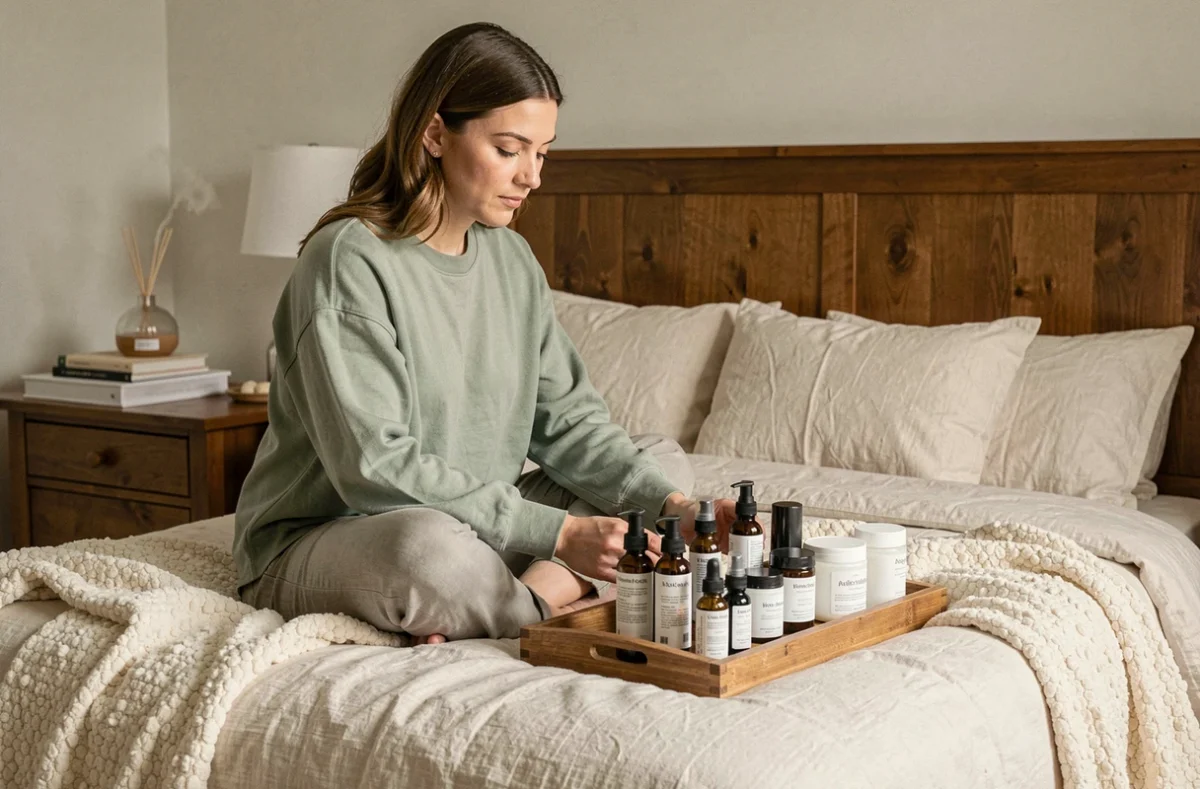 Femme examinant une collection de sérums et soins visage sur un plateau en bois, routine beauté soin de la peau à la maison 2024