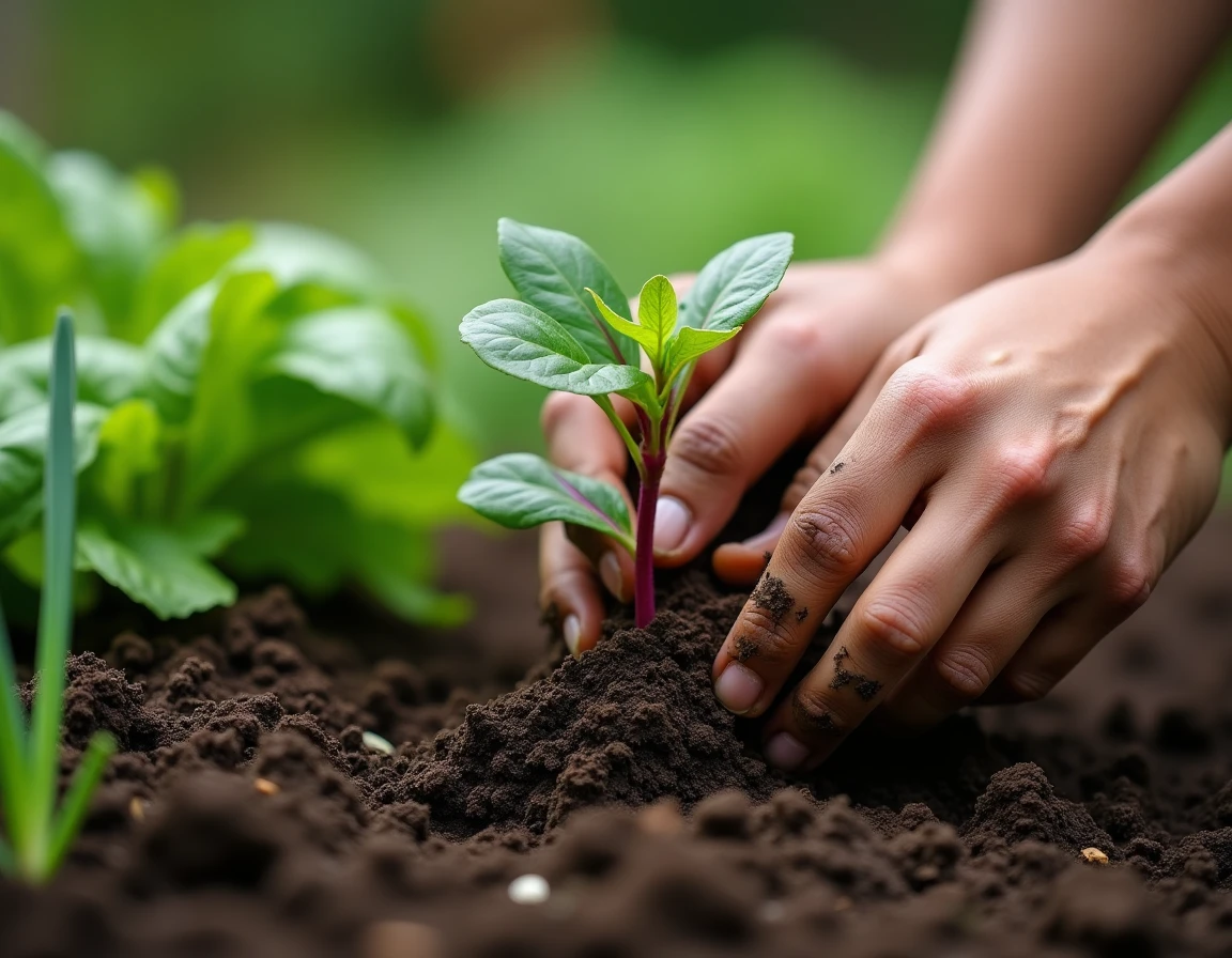 Mains de jardinier transplantant un plant de blette à côté d'herbes aromatiques au potager