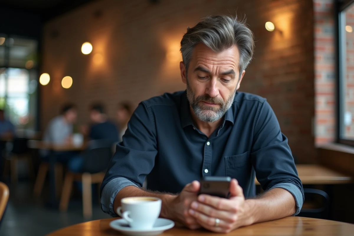 Homme vérifiant l'authentification à deux facteurs sur smartphone pour récupérer l'accès à son compte Gozmap en sécurité